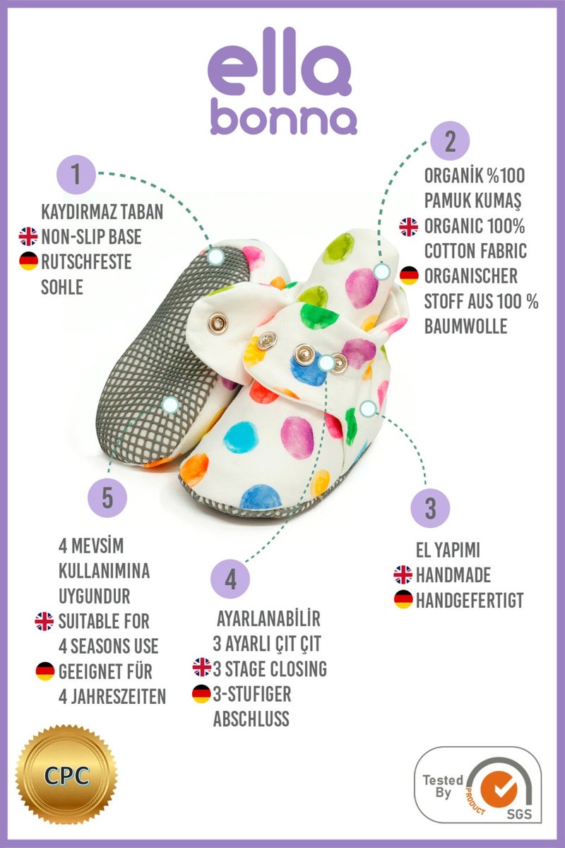 Ella Bonna Organic Cotton Baby Slippers, Non-Slip Sole, Newborn Booties, Home Nursery Shoes, Colorful Dots  - Image 4