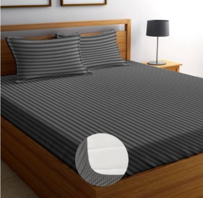 TARAIN COLLECTION TARAIN COLLECTION Premium Satin Stripped All Around Elastic Fitted Double Bed Sheet Set 72x78 inch fits up to 10 inches Mattress with 2 Pillow Covers Grey 