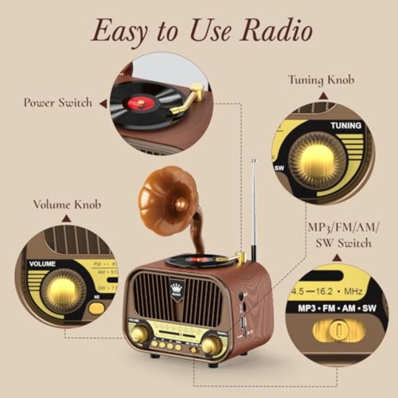 Retro Bluetooth Radio Speaker, AM/FM/SW Vintage Gramophone Style Radio with Phono Horn, Portable Music Player with USB/TF Card and Type-C Charging, Desktop Decor for Home Office - Image 3