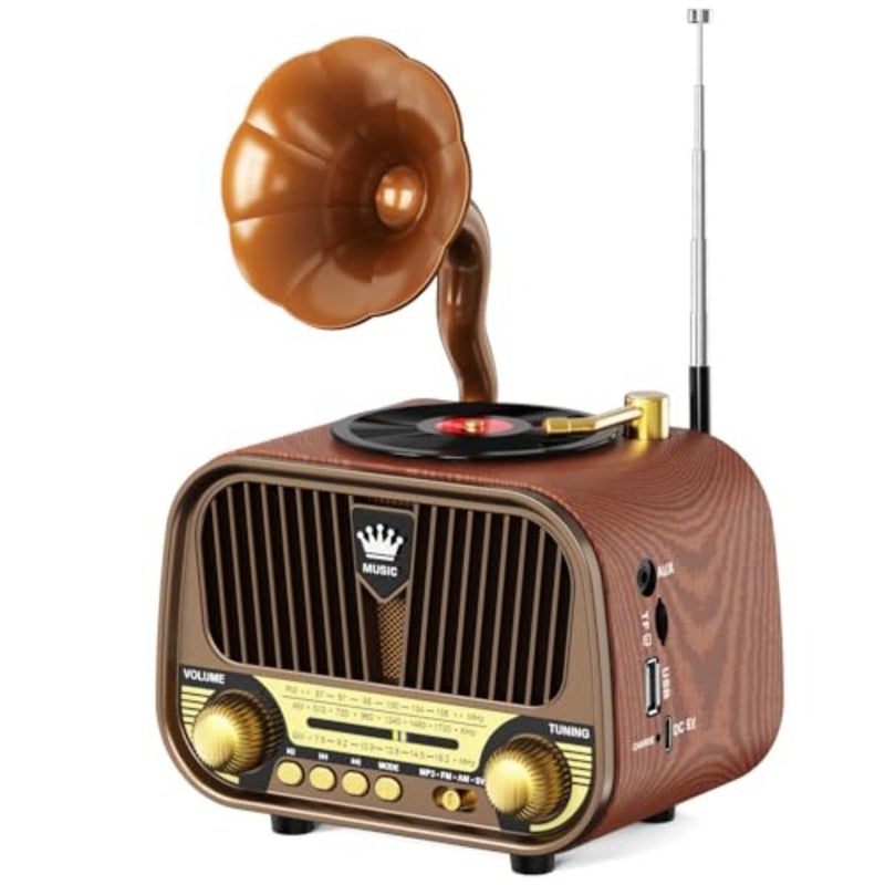 Retro Bluetooth Radio Speaker, AM/FM/SW Vintage Gramophone Style Radio with Phono Horn, Portable Music Player with USB/TF Card and Type-C Charging, Desktop Decor for Home Office - Image 1