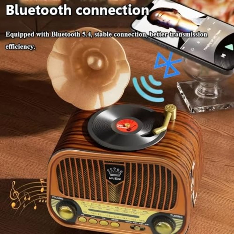 Retro Bluetooth Radio Speaker, AM/FM/SW Vintage Gramophone Style Radio with Phono Horn, Portable Music Player with USB/TF Card and Type-C Charging, Desktop Decor for Home Office - Image 4