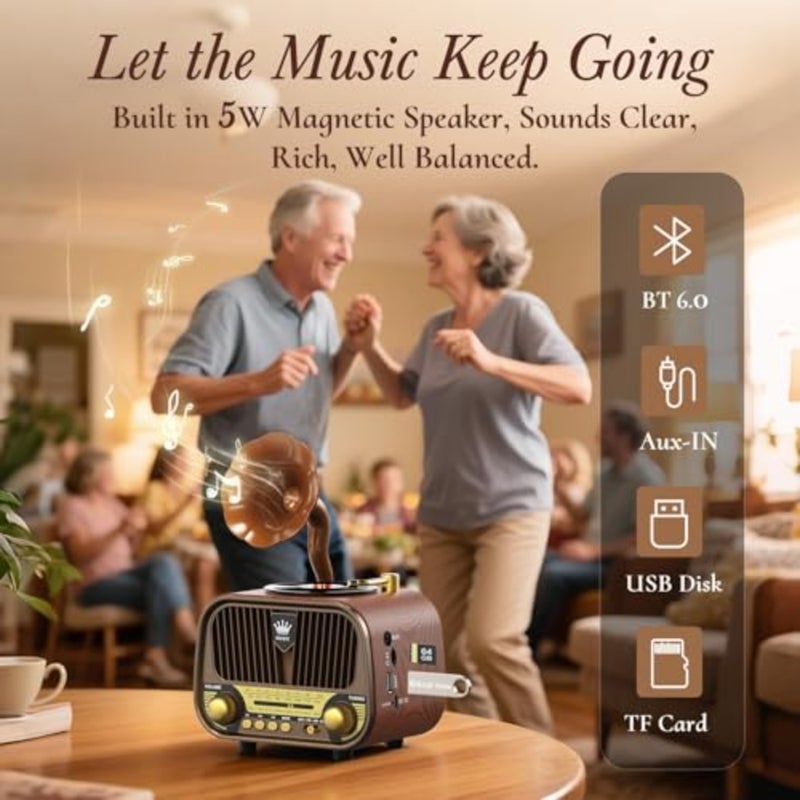 Retro Bluetooth Radio Speaker, AM/FM/SW Vintage Gramophone Style Radio with Phono Horn, Portable Music Player with USB/TF Card and Type-C Charging, Desktop Decor for Home Office - Image 2