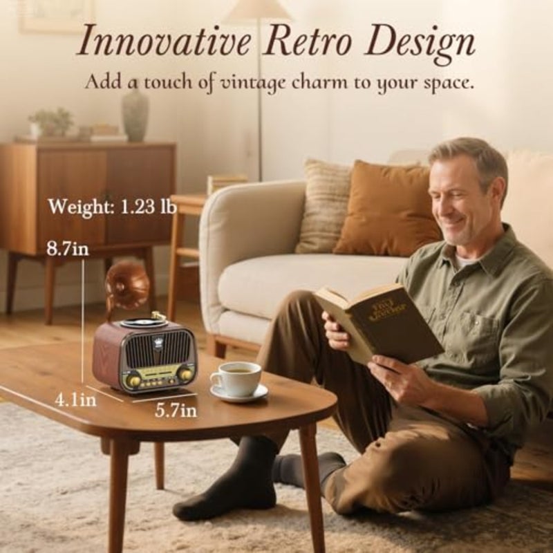 Retro Bluetooth Radio Speaker, AM/FM/SW Vintage Gramophone Style Radio with Phono Horn, Portable Music Player with USB/TF Card and Type-C Charging, Desktop Decor for Home Office - Image 5