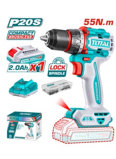 TOTAL Total 20V Compact Brushless Cordless Impact Drill – 55Nm Max Torque, 2-Speed Gear, 47 Accessories, LED Work Light, 13mm Chuck Capacity – Powerful Drill for Home Improvement & DIY Projects  - Image 1