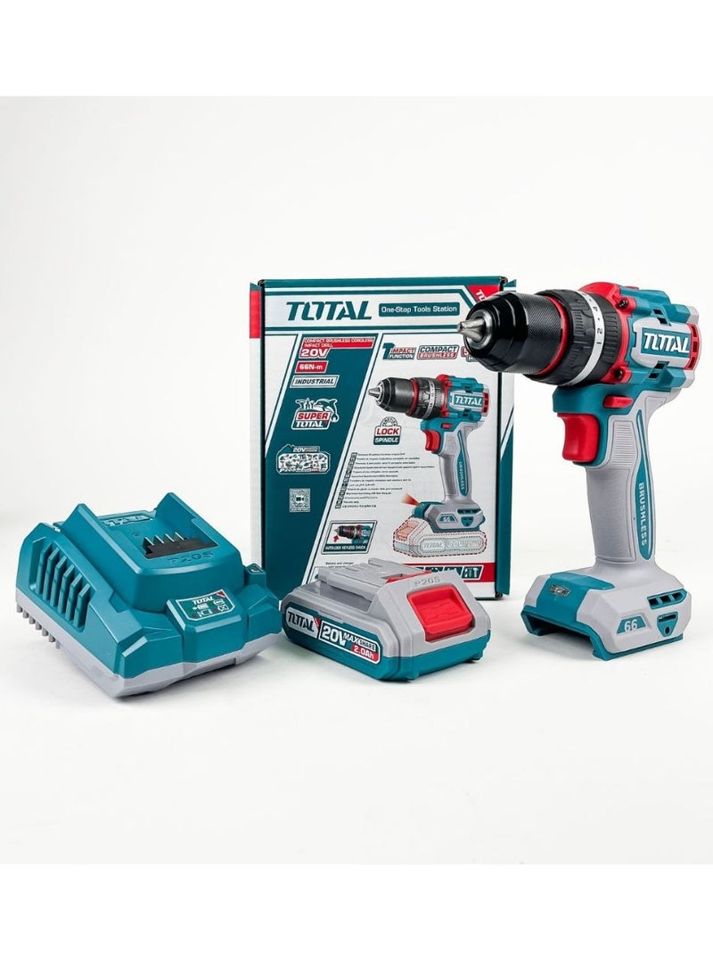 TOTAL Total 20V Compact Brushless Cordless Impact Drill – 55Nm Max Torque, 2-Speed Gear, 47 Accessories, LED Work Light, 13mm Chuck Capacity – Powerful Drill for Home Improvement & DIY Projects  - Image 4