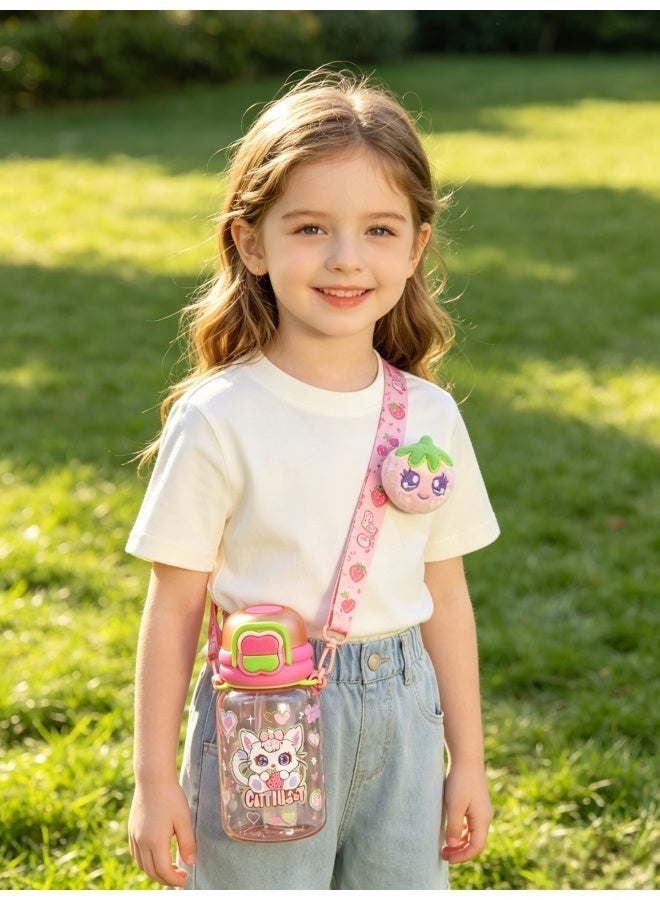 Five dream house 600ML Strawberry Cat Kids Water Bottle For School, Sippy Cup with Straw, Dual Drink Design with Magnetic Plush Toy Brooch - Image 1