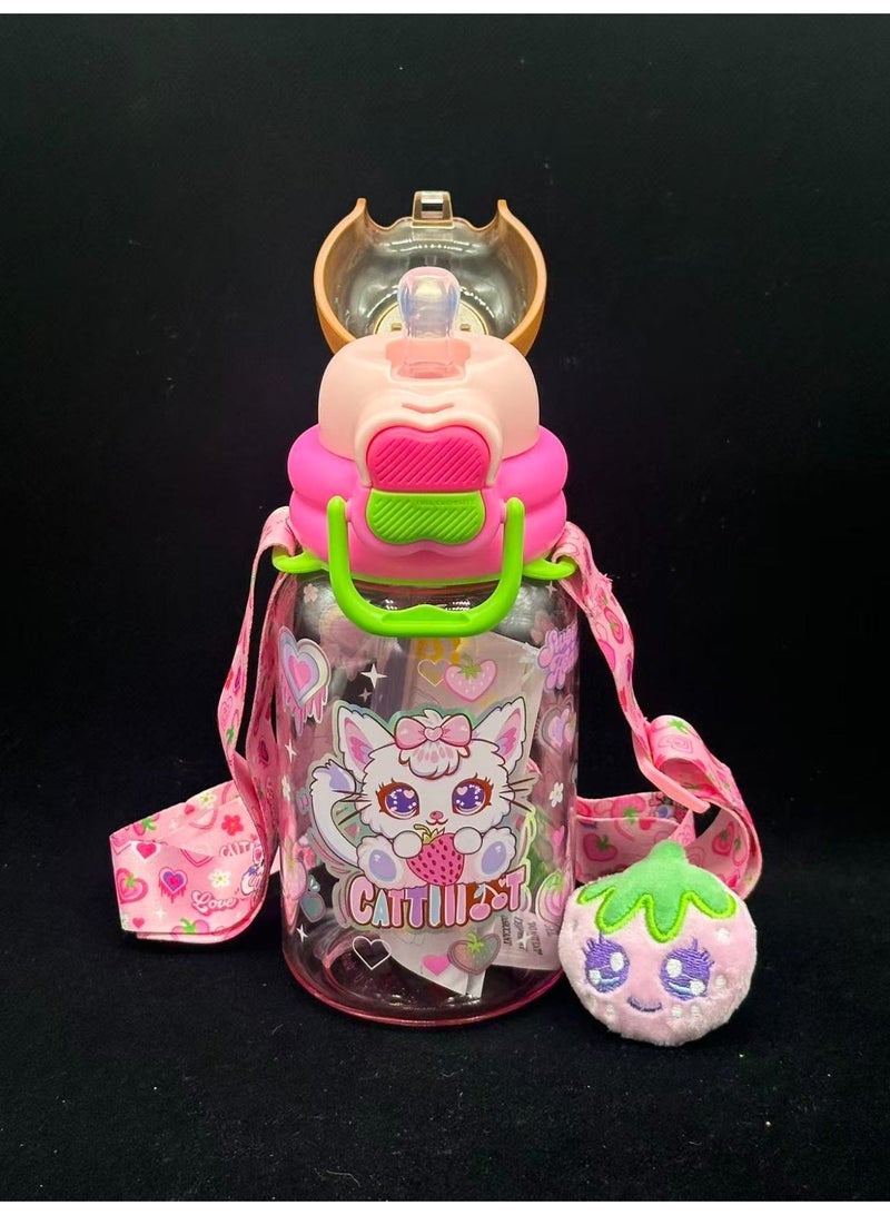 Five dream house 600ML Strawberry Cat Kids Water Bottle For School, Sippy Cup with Straw, Dual Drink Design with Magnetic Plush Toy Brooch - Image 3