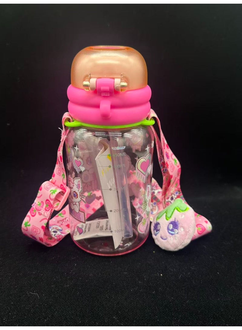 Five dream house 600ML Strawberry Cat Kids Water Bottle For School, Sippy Cup with Straw, Dual Drink Design with Magnetic Plush Toy Brooch - Image 5