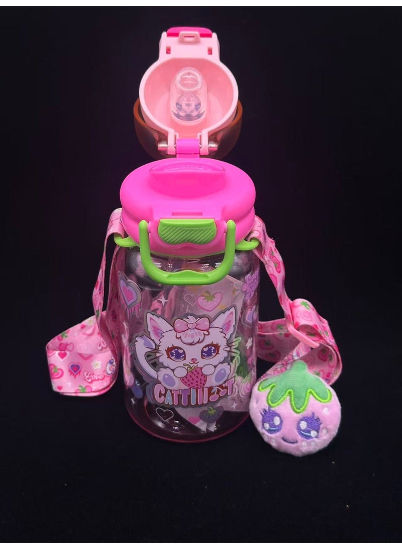 Five dream house 600ML Strawberry Cat Kids Water Bottle For School, Sippy Cup with Straw, Dual Drink Design with Magnetic Plush Toy Brooch - Image 4