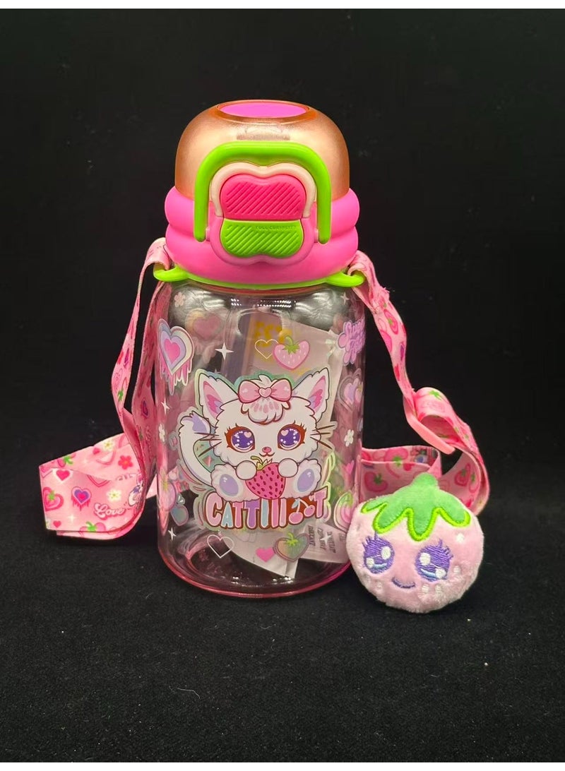Five dream house 600ML Strawberry Cat Kids Water Bottle For School, Sippy Cup with Straw, Dual Drink Design with Magnetic Plush Toy Brooch - Image 2
