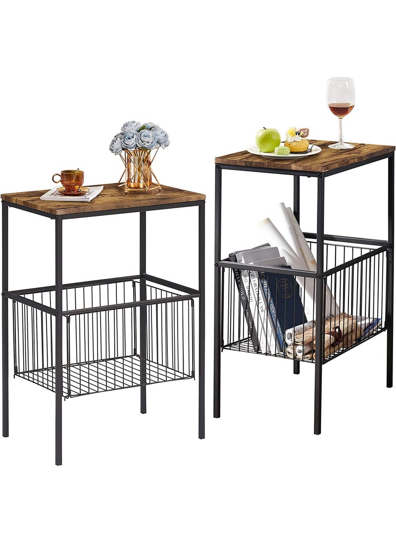 INDIAN DECOR INDIAN DECOR 42177 Side End Table 31 Tall Shelf Storage Organizer with Foldable Basket for Living RoomKitchenLaundryBathroom Industrial Metal Frame Set of 2 Brown 