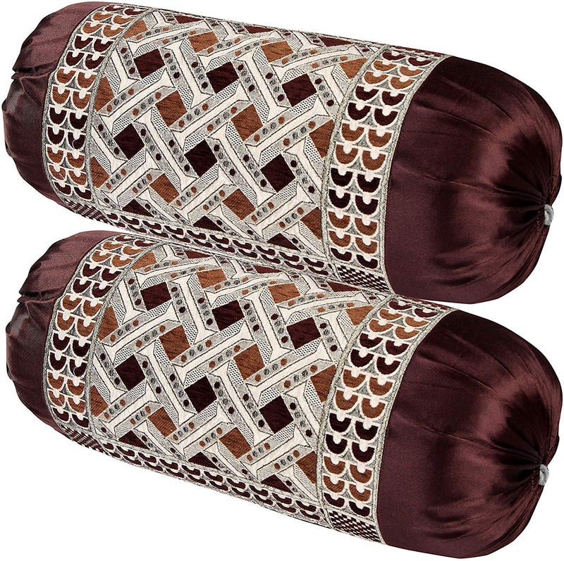 HSR Collection Chenille Velvet Luxury Round Bolsters Covers (Standard, Coffee) - Set of 4 - Image 2