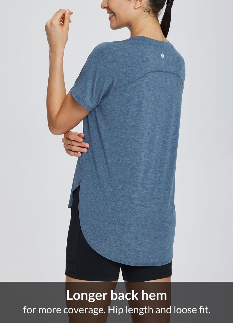 baleaf Women's Workout Shirts Yoga Workout Tops Short Sleeve Athletic Running Gym Exercise Loose Fit Clothes Heather Navy L - Image 4