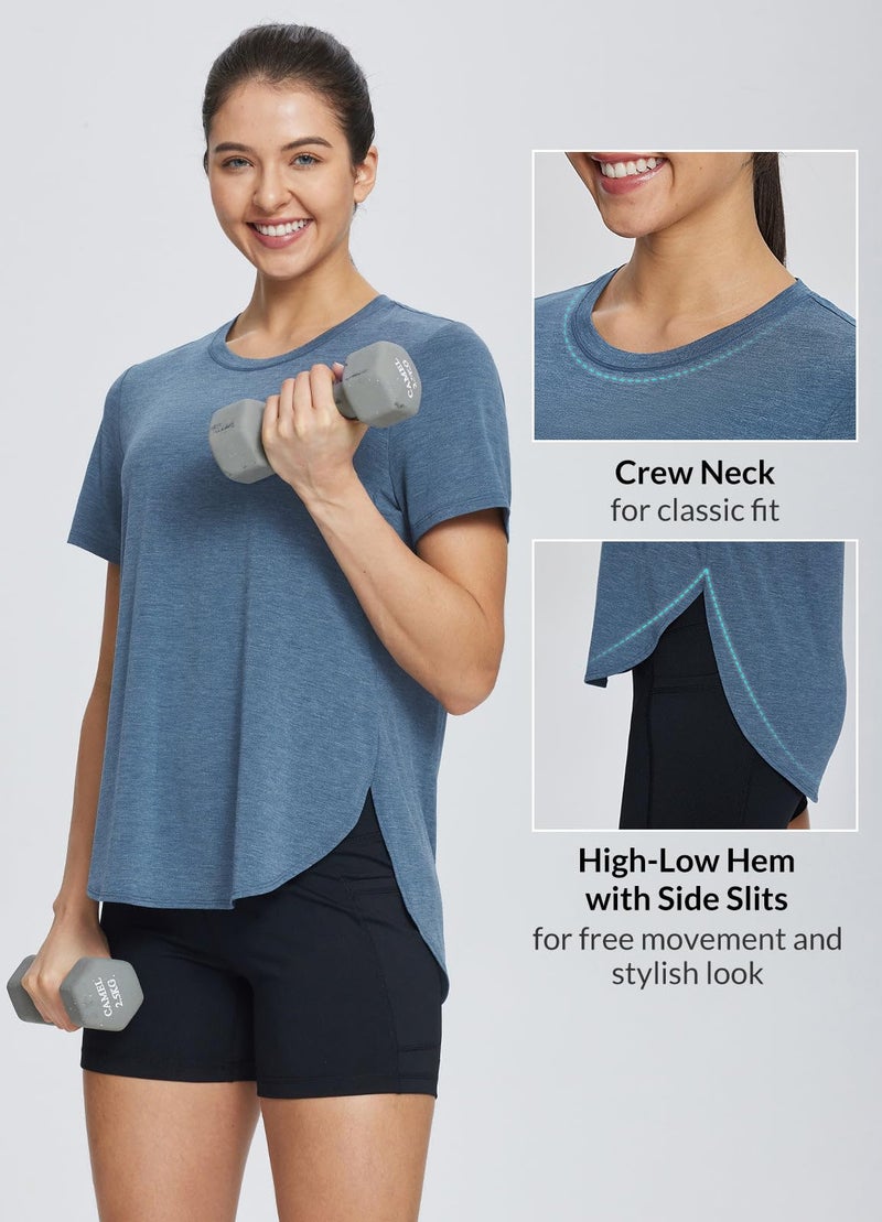 baleaf Women's Workout Shirts Yoga Workout Tops Short Sleeve Athletic Running Gym Exercise Loose Fit Clothes Heather Navy L - Image 5