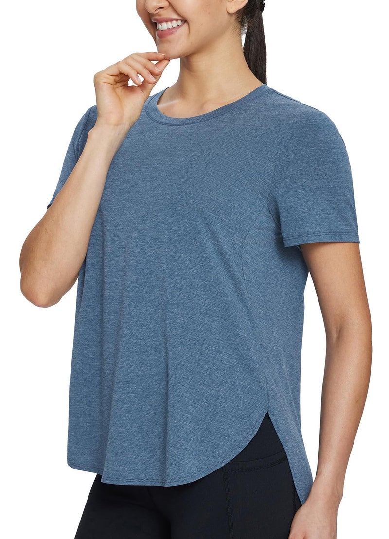 baleaf Women's Workout Shirts Yoga Workout Tops Short Sleeve Athletic Running Gym Exercise Loose Fit Clothes Heather Navy L - Image 2