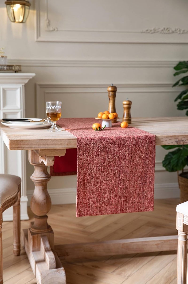 ZeeMart Burlap Style Farmhouse Table Runners 90 Inches Long, Red Rustic Woven Dining Table Runner for Everyday Use, 14x90 Inches, Red - Image 3