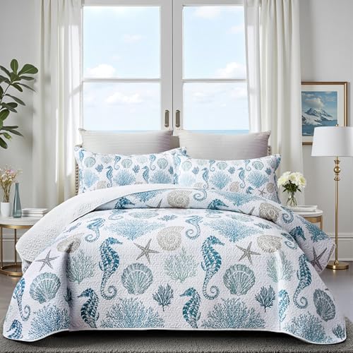 weesire Coastal Bedding King Size Coastal Quilt with 2 Shams, Nautical Beach Comforter Sets Ocean Bedspreads Blue Seahorse Coverlet Summer Bedding, 96''x106'' - Image 1