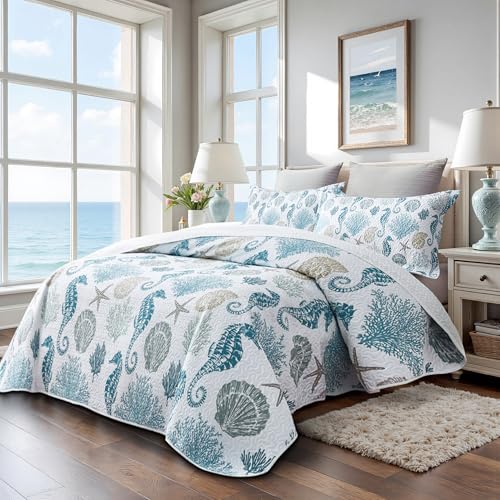 weesire Coastal Bedding King Size Coastal Quilt with 2 Shams, Nautical Beach Comforter Sets Ocean Bedspreads Blue Seahorse Coverlet Summer Bedding, 96''x106'' - Image 2