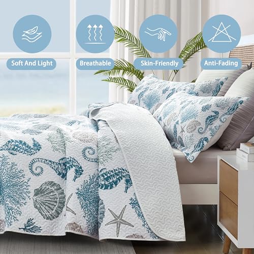 weesire Coastal Bedding King Size Coastal Quilt with 2 Shams, Nautical Beach Comforter Sets Ocean Bedspreads Blue Seahorse Coverlet Summer Bedding, 96''x106'' - Image 5