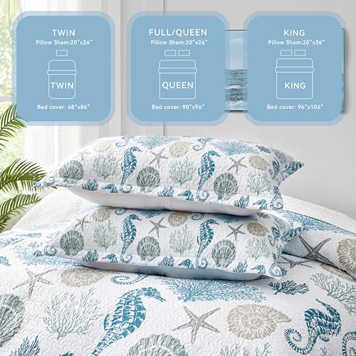 weesire Coastal Bedding King Size Coastal Quilt with 2 Shams, Nautical Beach Comforter Sets Ocean Bedspreads Blue Seahorse Coverlet Summer Bedding, 96''x106'' - Image 3