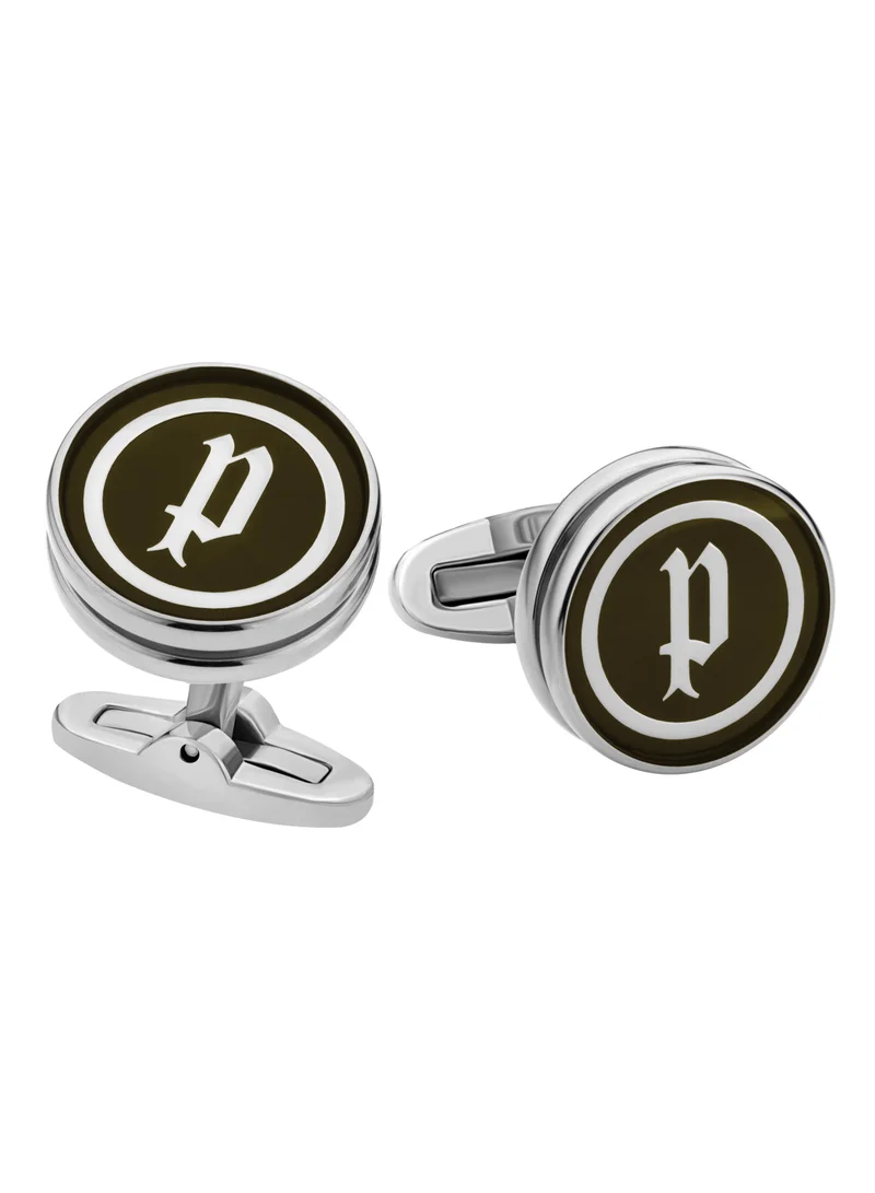 بوليس Black and Stainless Steel Center P Logo Cufflinks for Men