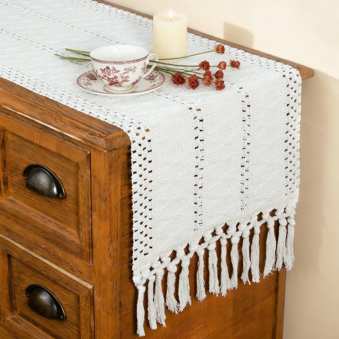 TABLE RUNNER WITH TASSELS BOHO MACRAME 72 INCHES LONG CREAM RUSTIC TABLE RUNNER FOR HOME FARMHOUSE BOHEMIAN DINING BEDROOM DECOR BABY BRIDAL SHOWER12X72 INCHES
