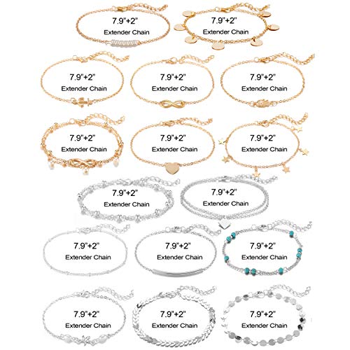 Softones 16Pcs Ankle Bracelets for Women Gold Silver Two Style Chain Beach Anklet Bracelet Jewelry Anklet Set,Adjustable Size - Image 5