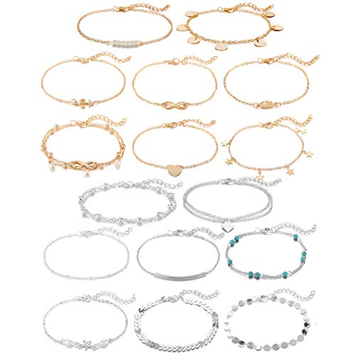 Softones 16Pcs Ankle Bracelets for Women Gold Silver Two Style Chain Beach Anklet Bracelet Jewelry Anklet Set,Adjustable Size - Image 1