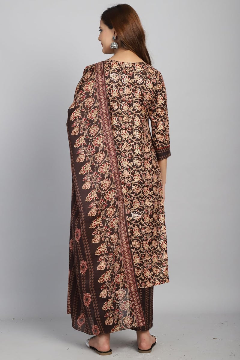 Rajnandini Women's Cotton Blend Foil Print Kurta Set with Dupatta (JOPLST228-S_Brown & Beige_S) - Image 2