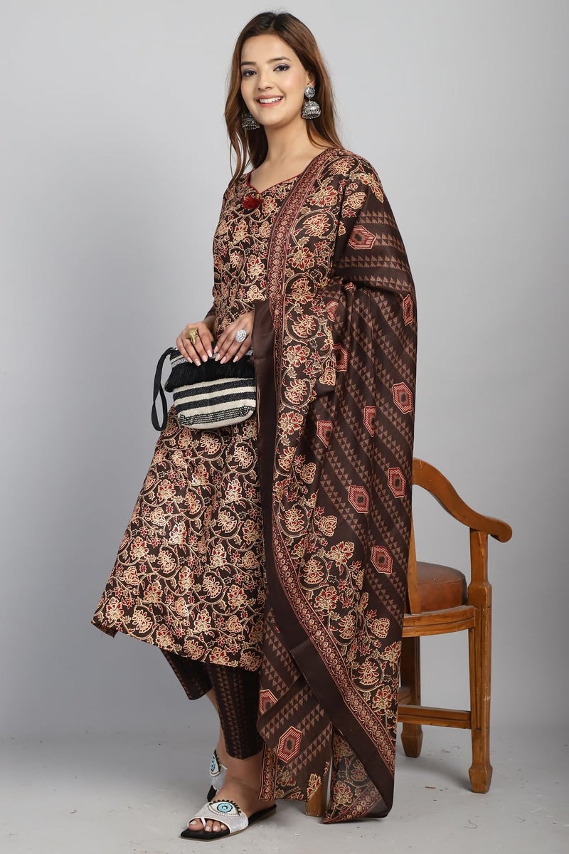 Rajnandini Women's Cotton Blend Foil Print Kurta Set with Dupatta (JOPLST228-S_Brown & Beige_S) - Image 5