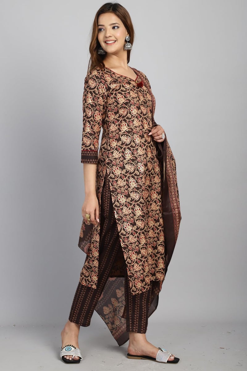 Rajnandini Women's Cotton Blend Foil Print Kurta Set with Dupatta (JOPLST228-S_Brown & Beige_S) - Image 4