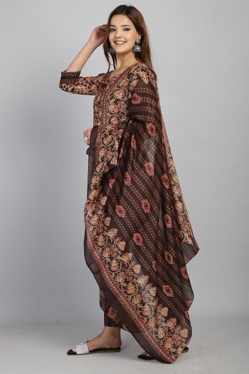 Rajnandini Women's Cotton Blend Foil Print Kurta Set with Dupatta (JOPLST228-S_Brown & Beige_S) - Image 3