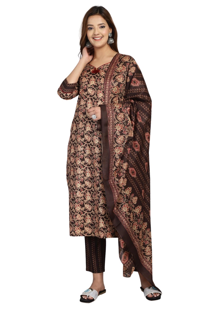 Rajnandini Women's Cotton Blend Foil Print Kurta Set with Dupatta (JOPLST228-S_Brown & Beige_S) - Image 1