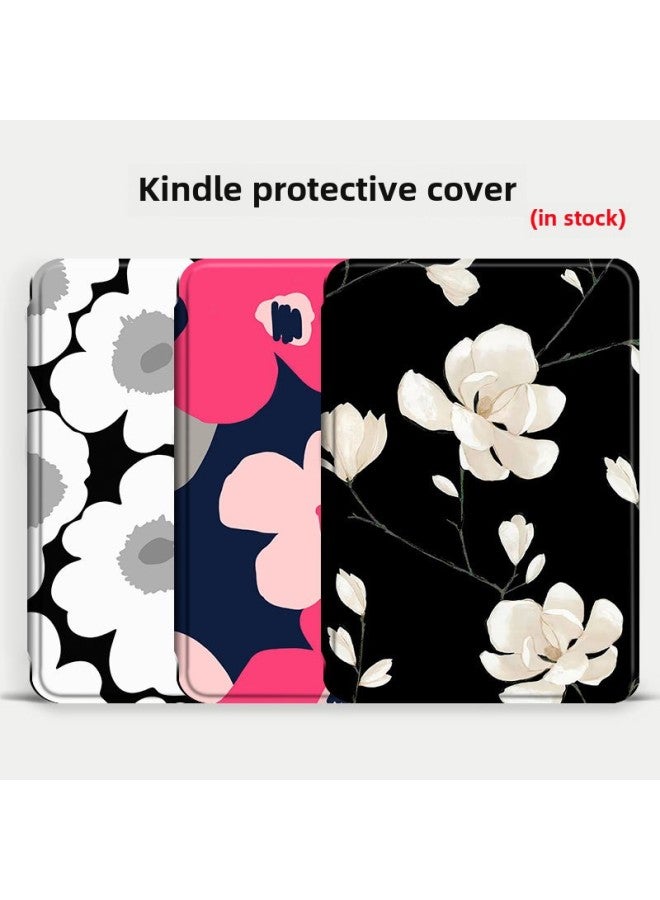 Explosions Applicable To Kindle Protective Case Kpw5 Dormant 2022 Youth Edition Magnetic All-inclusive Soft Case-Color:Black Magnolia Flower-Applicable Models:Kindle X/migu Version/558 - Image 1