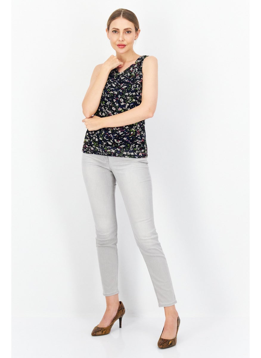 Zero Women Cowl Neck Sleeveless Allover Printed Tops, Black Combo  - Image 4