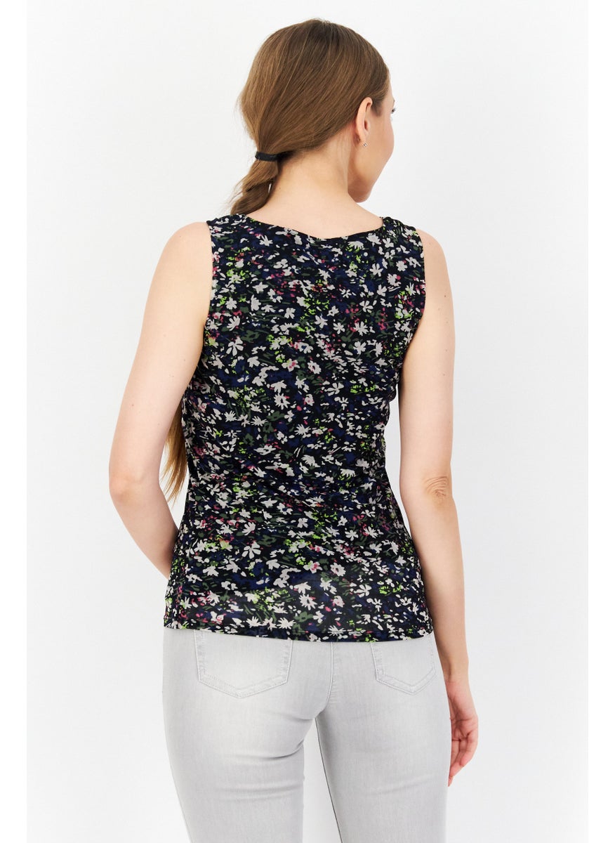 Zero Women Cowl Neck Sleeveless Allover Printed Tops, Black Combo  - Image 3
