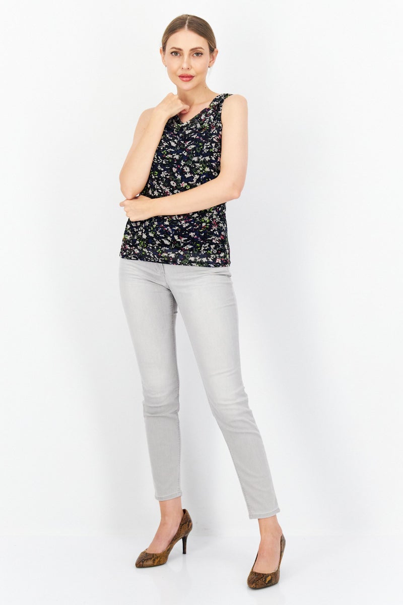 Women Cowl Neck Sleeveless Allover Printed Tops, Black Combo