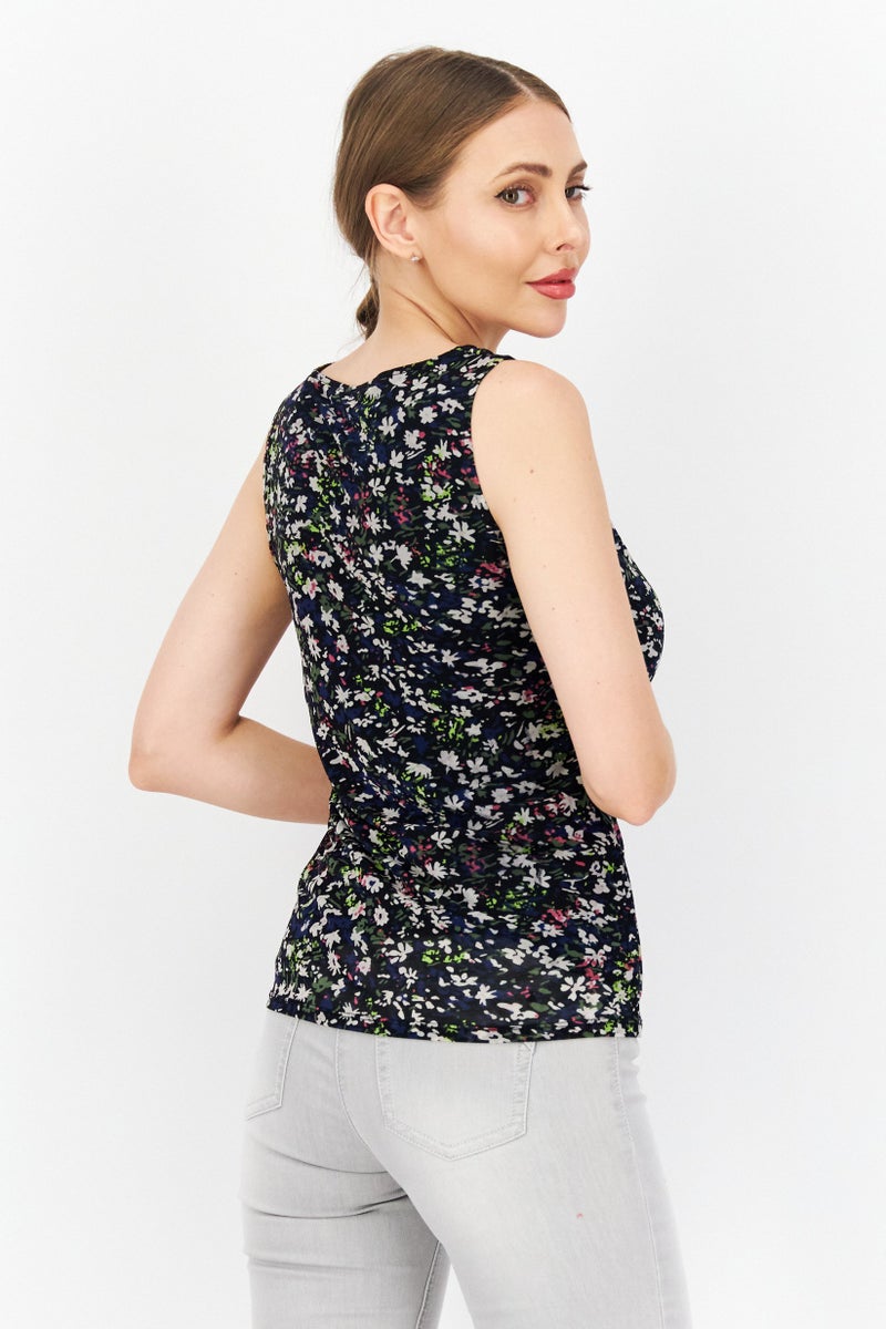 Women Cowl Neck Sleeveless Allover Printed Tops, Black Combo