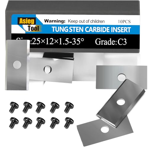 Asieg Tool 25x12x1.5mm-35° 1 inch Carbide Inserts Cutter Blades Replacement Knives 2 Cutting Edges with Screws for Woodworking Surfacing Groove Helical Planer Cutter Heads 10pcs - Image 1