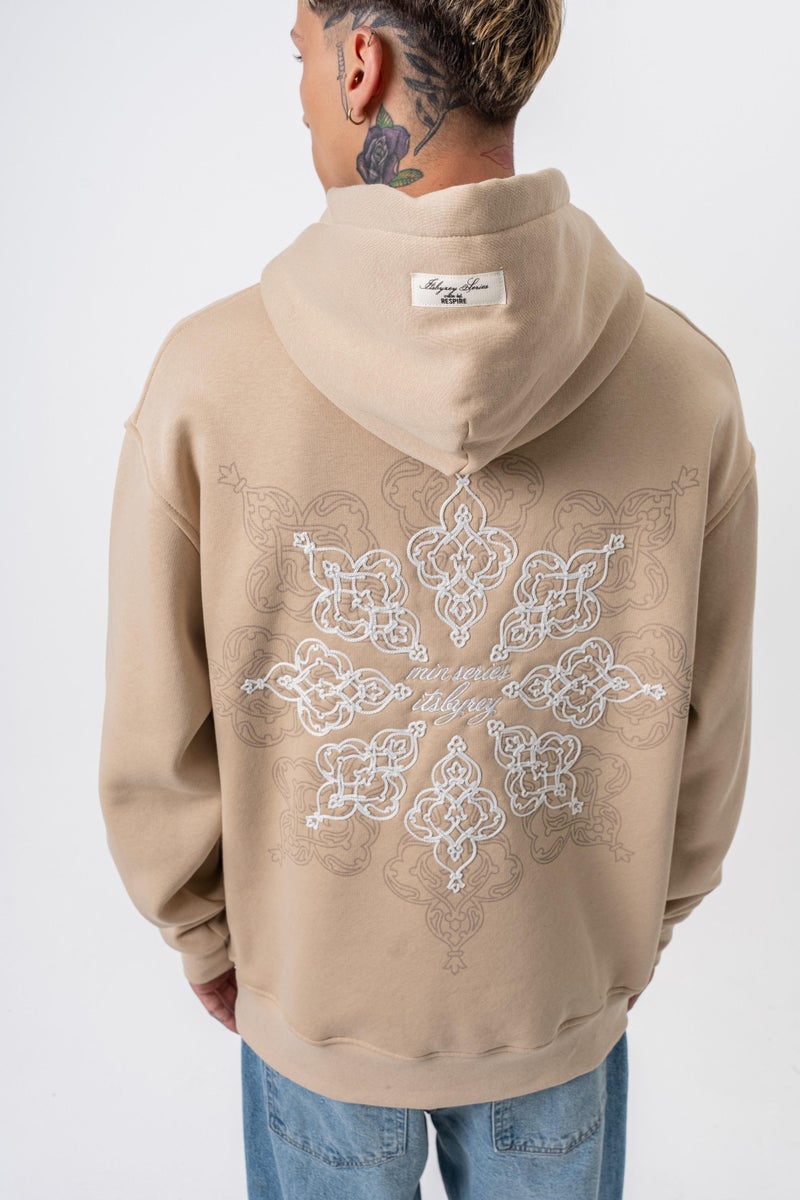 RESPIRE Men's Itsbyzey Embroidered Hooded Oversize Hoodie Beige - Image 5