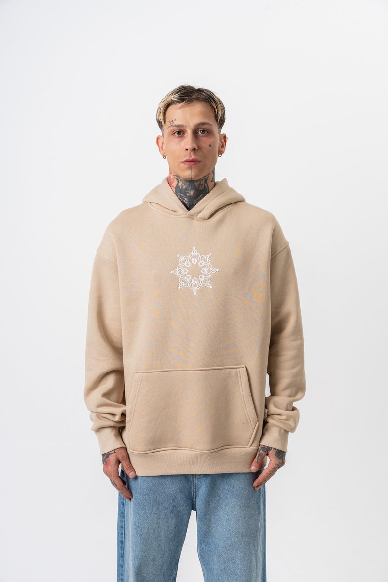 RESPIRE Men's Itsbyzey Embroidered Hooded Oversize Hoodie Beige - Image 2