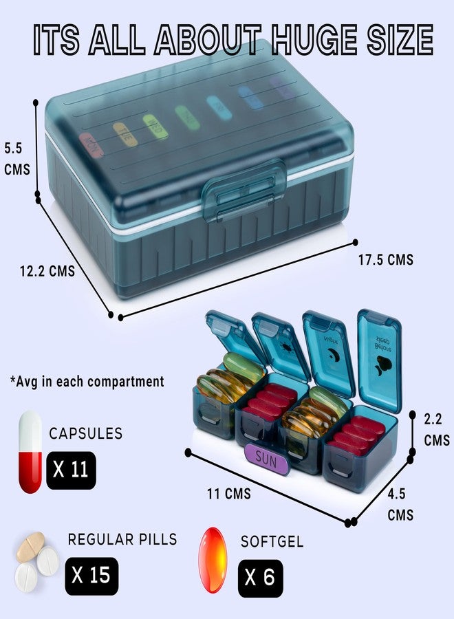 POPCUBE منظم أدوية فاخر كبير - صندوق منظم أدوية - صندوق أدوية، صندوق حبوب لمدة 7 أيام للاستخدام المنزلي - علبة منظم حبوب مع حجرات كبيرة، محمولة للحبوب والمكملات الغذائية (أزرق - 4 حجرات) - Image 2