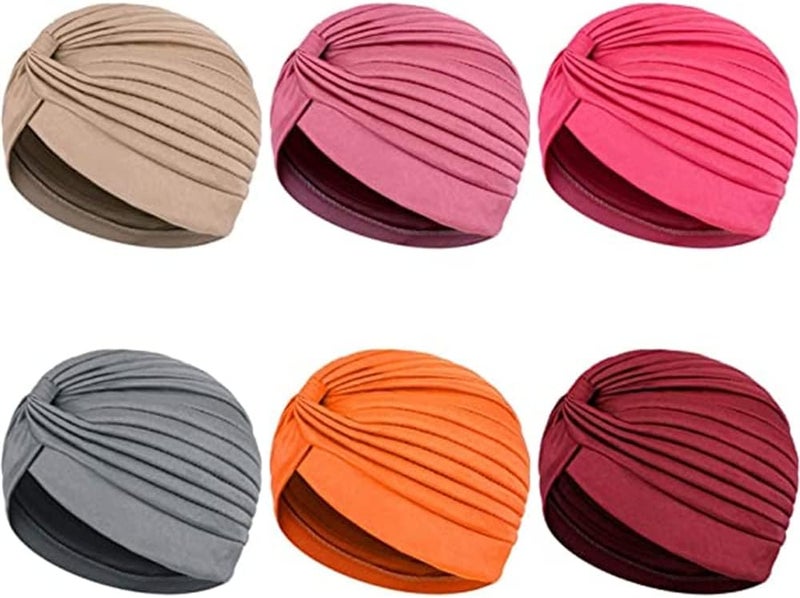 Luckam Turbans for Women, Stretch Slouchy Head Beanie Cover Pre-Tied Knot Twisted Pleated Headwrap Nightcap, Solid Color India Style Muslim Headgear Wraps Head Cap, Assorted Colors, 6 Pcs - Image 1