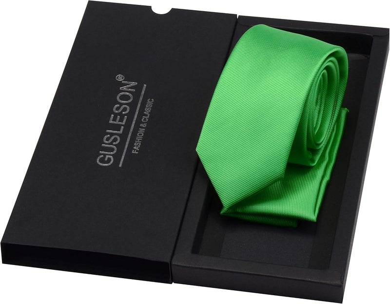 GUSLESON 2.4" Slim Necktie and Handkerchief Set For Men Solid Skinny Tie Set - Image 3
