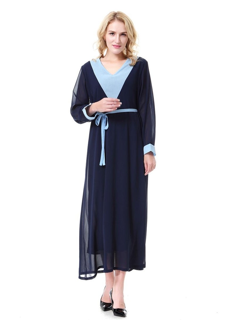 Loquat Women's V-Neck Chiffon Dress Long Sleeves Robe Navy Blue  - Image 1