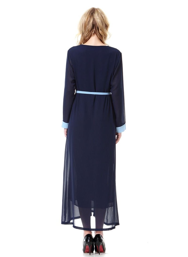 Loquat Women's V-Neck Chiffon Dress Long Sleeves Robe Navy Blue  - Image 3