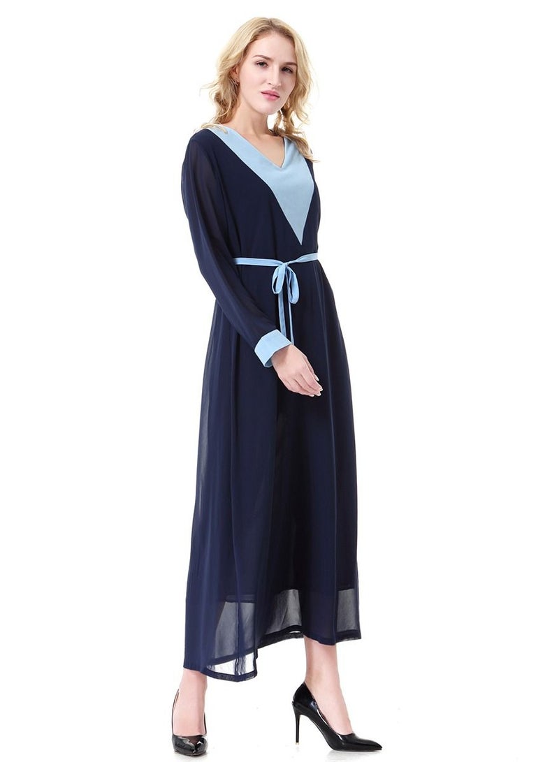 Loquat Women's V-Neck Chiffon Dress Long Sleeves Robe Navy Blue  - Image 2