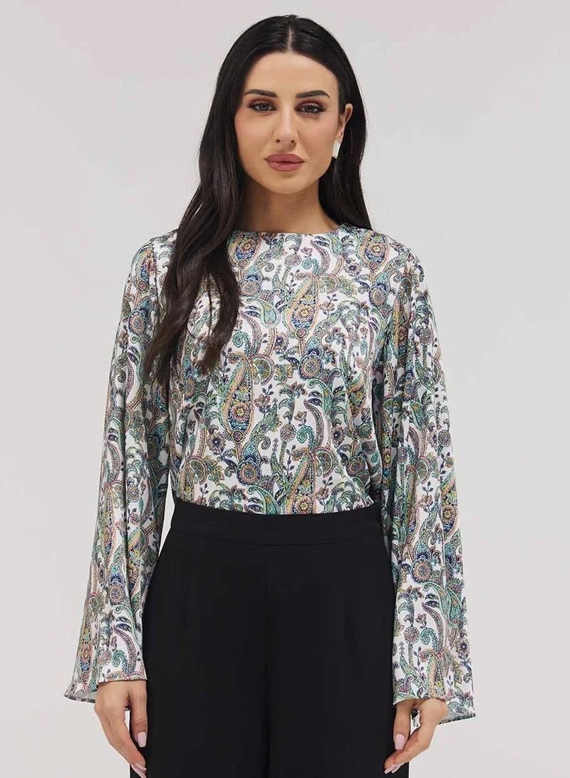 Zigzag Flared Sleeve Printed Top