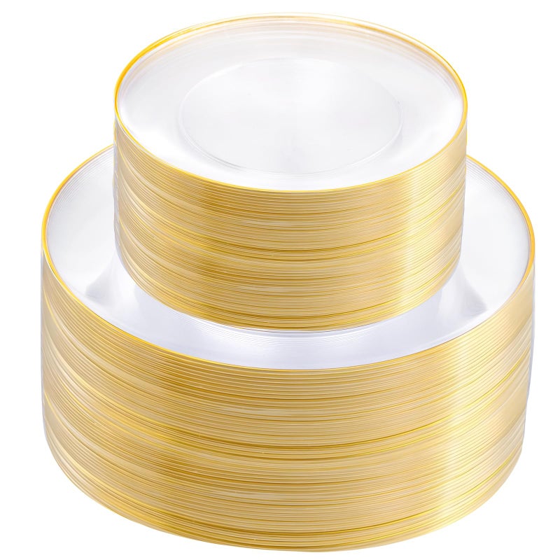 bUCLA 100PCS Clear and Gold Plastic Plates - Clear Disposable With Gold Rim Include 50 Each (10 inch Dinner & 7 inch Dessert) Plates, Ideal for Party & Thanksgiving - Image 1