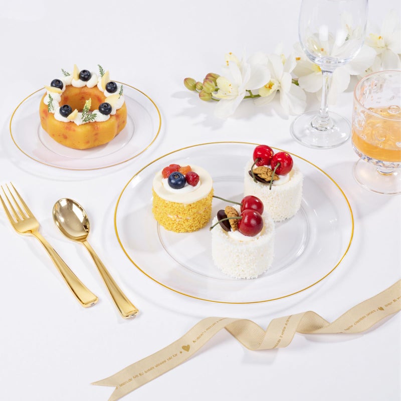 bUCLA 100PCS Clear and Gold Plastic Plates - Clear Disposable With Gold Rim Include 50 Each (10 inch Dinner & 7 inch Dessert) Plates, Ideal for Party & Thanksgiving - Image 5